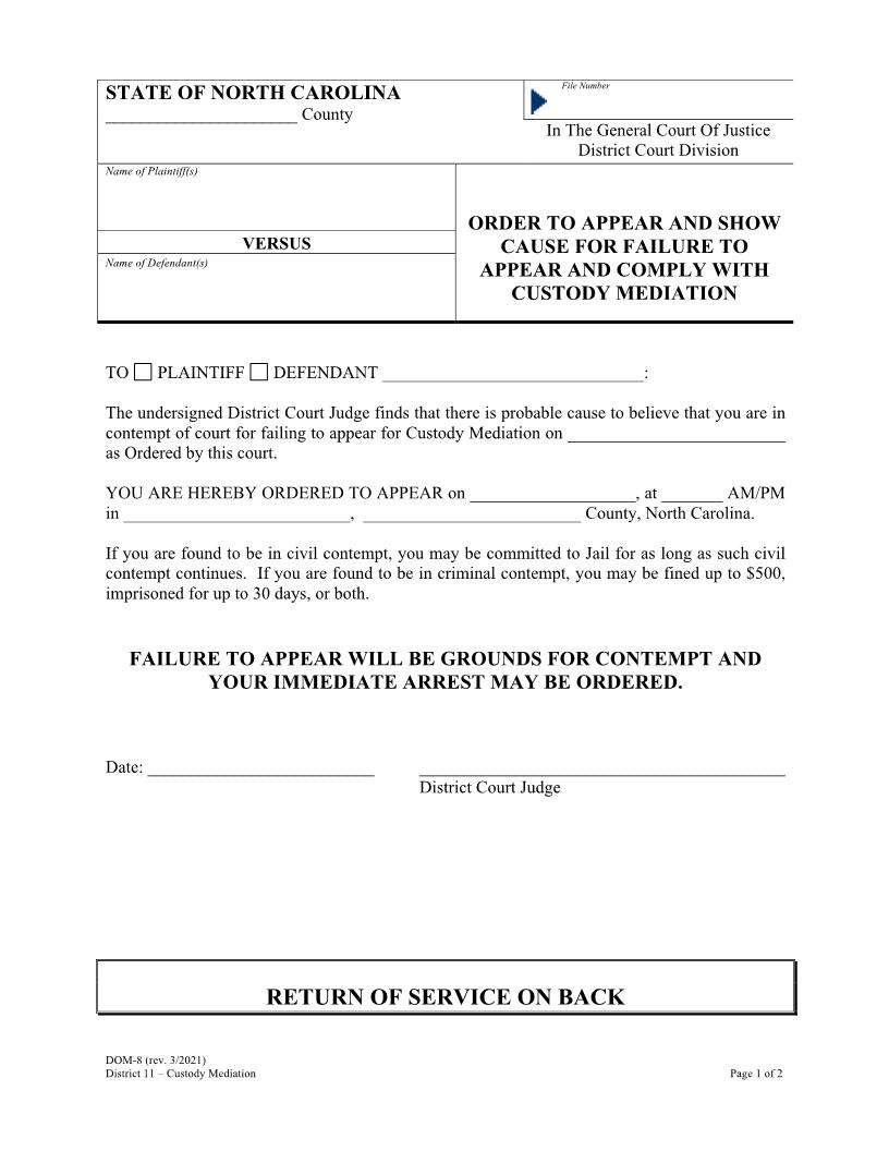 Order To Appear And Show Cause For Failure To Appear And Comply With Custody Mediation {DOM-8} | Pdf Fpdf Doc Docx | North Carolina