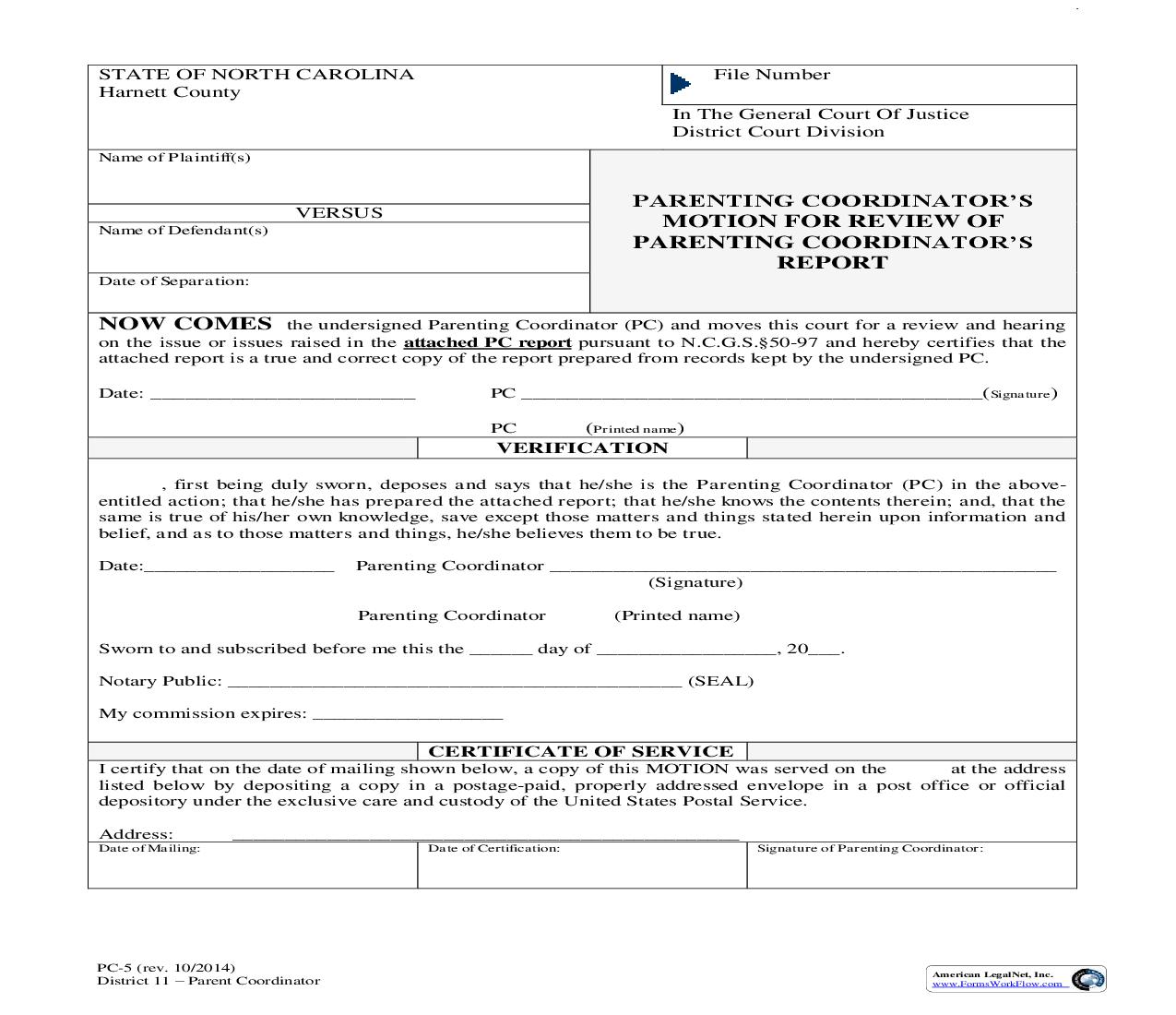 Parenting Coordinators Motion For Review Of Parenting Coordinators Report {PC-5} | Pdf Fpdf Doc Docx | North Carolina