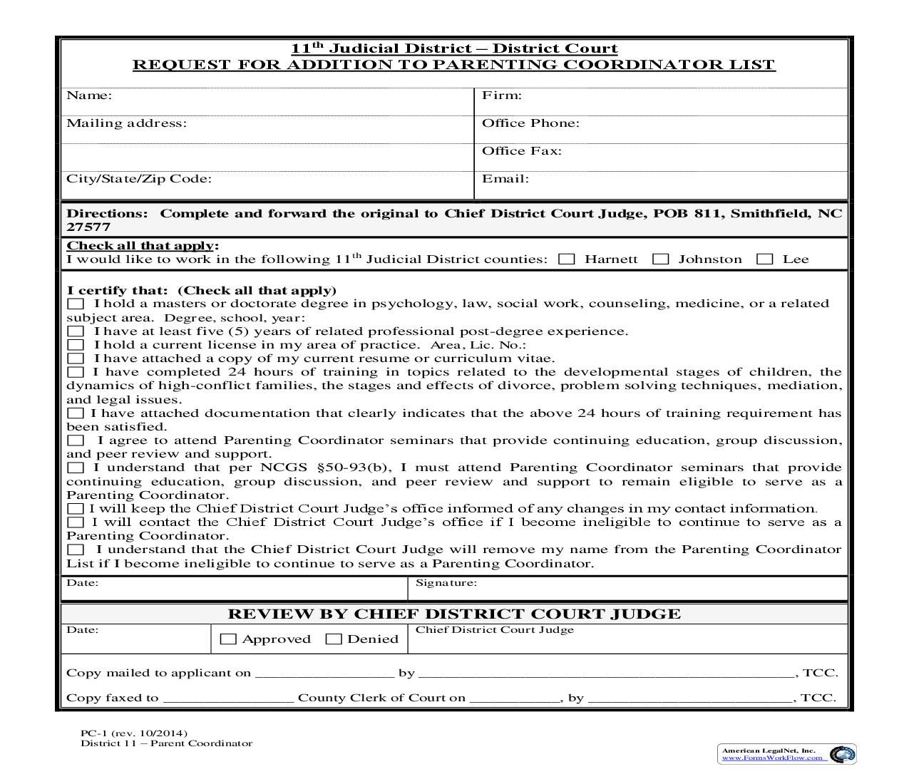 Request For Addition To Parenting Coordinator List {PC-1} | Pdf Fpdf Doc Docx | North Carolina