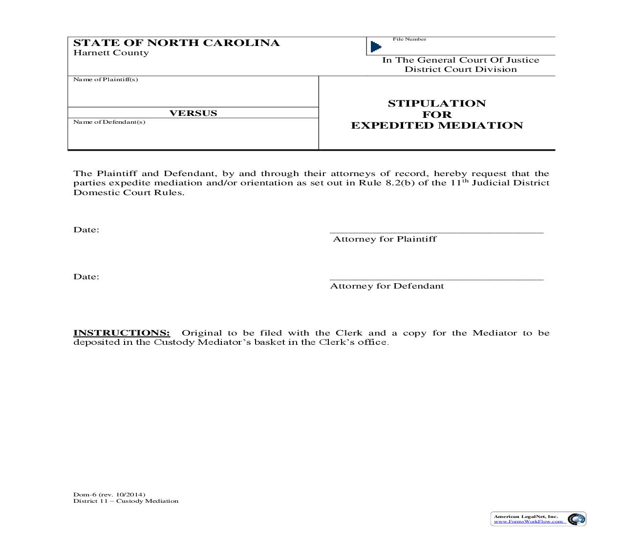 Stipulation For Expedited Mediation {DOM-6} | Pdf Fpdf Doc Docx | North Carolina