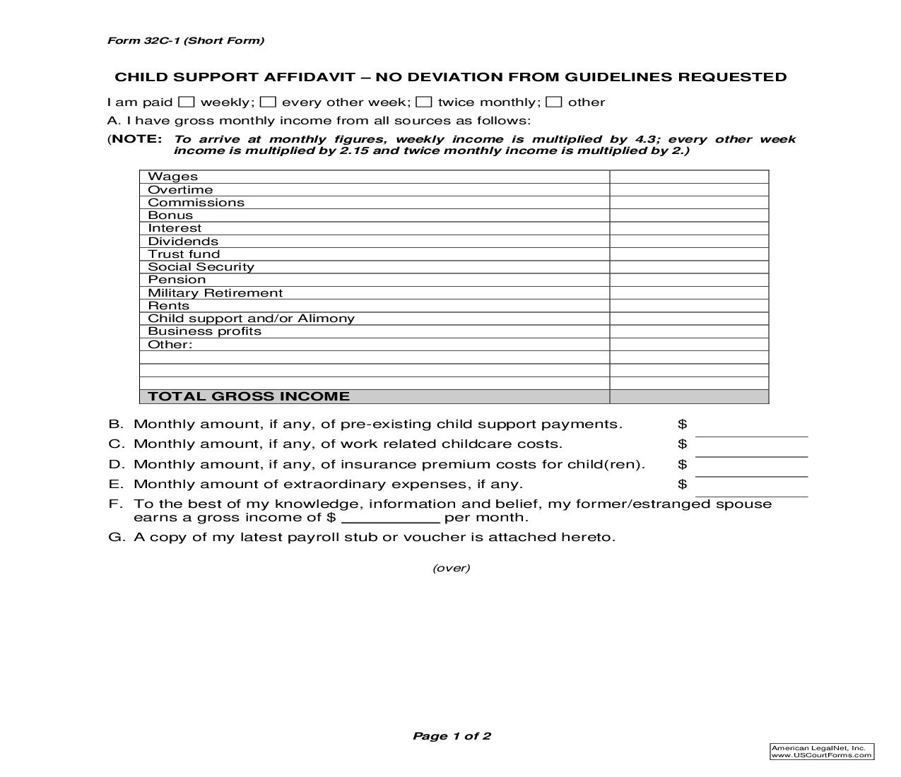 Child Support Affidavit - No Deviation From Guidelines Requested {Form 32C-1} | Pdf Fpdf Doc Docx | North Carolina