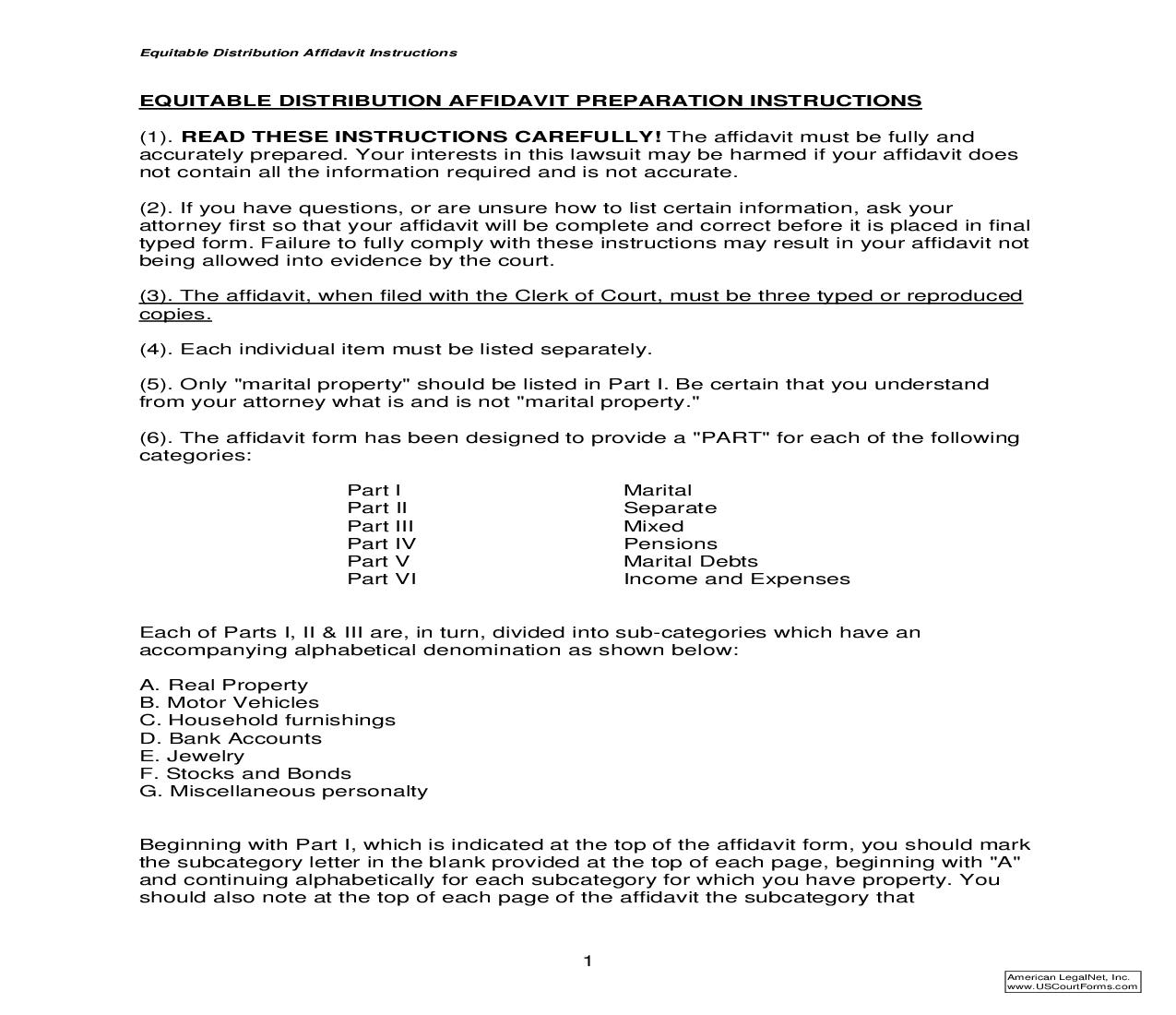 Equitable Distribution Affidavit Preparation Instructions {Form 05} | Pdf Fpdf Doc Docx | North Carolina