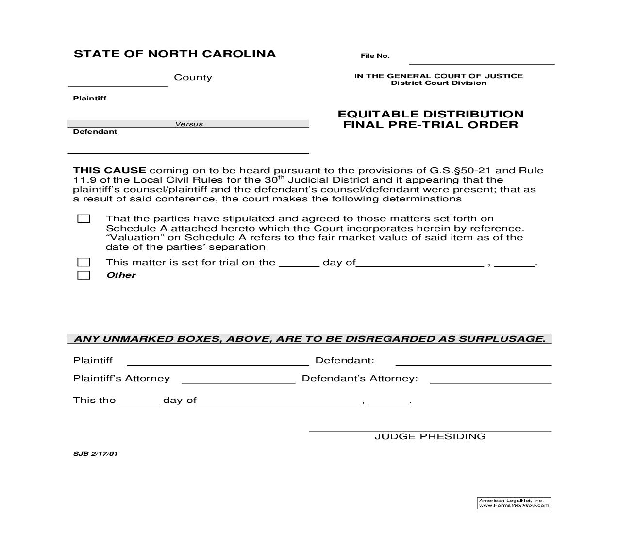 Equitable Distribution Final Pre-Trial Order {Form 09} | Pdf Fpdf Doc Docx | North Carolina
