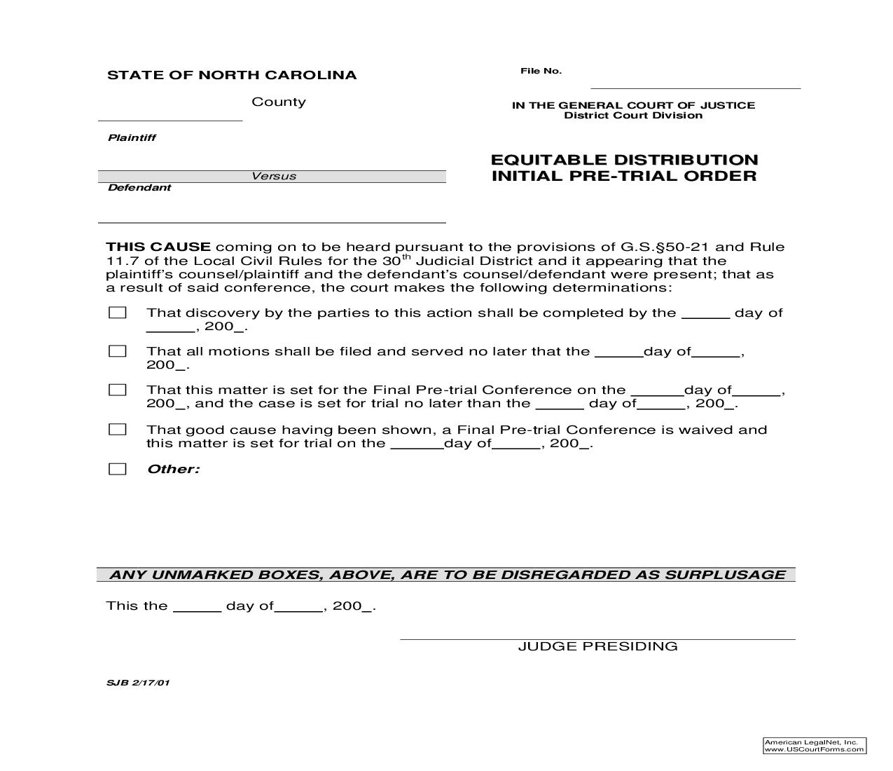 Equitable Distribution Initial Pre-Trial Order {Form 03} | Pdf Fpdf Doc Docx | North Carolina
