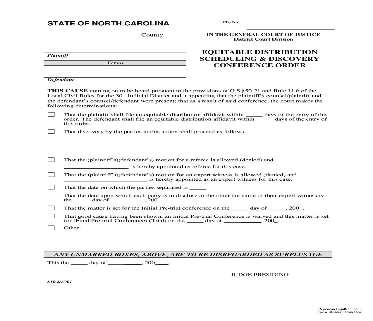 Equitable Distribution Scheduling And Discovery Conference Order {Form 07} | Pdf Fpdf Doc Docx | North Carolina