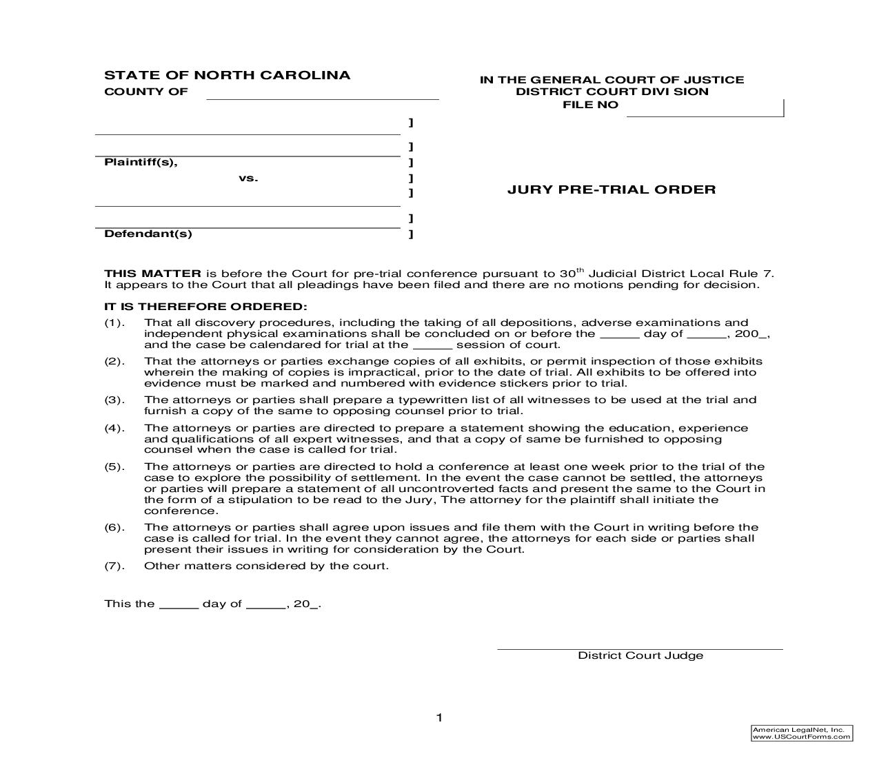 Jury Pre-Trial Order {Form 10} | Pdf Fpdf Doc Docx | North Carolina