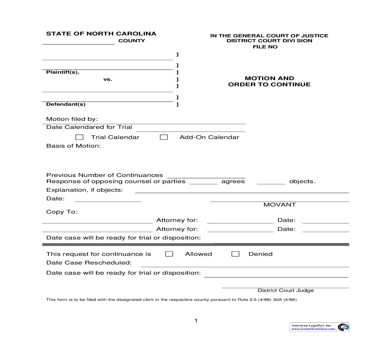 Motion And Order To Continue {01} | Pdf Fpdf Doc Docx | North Carolina
