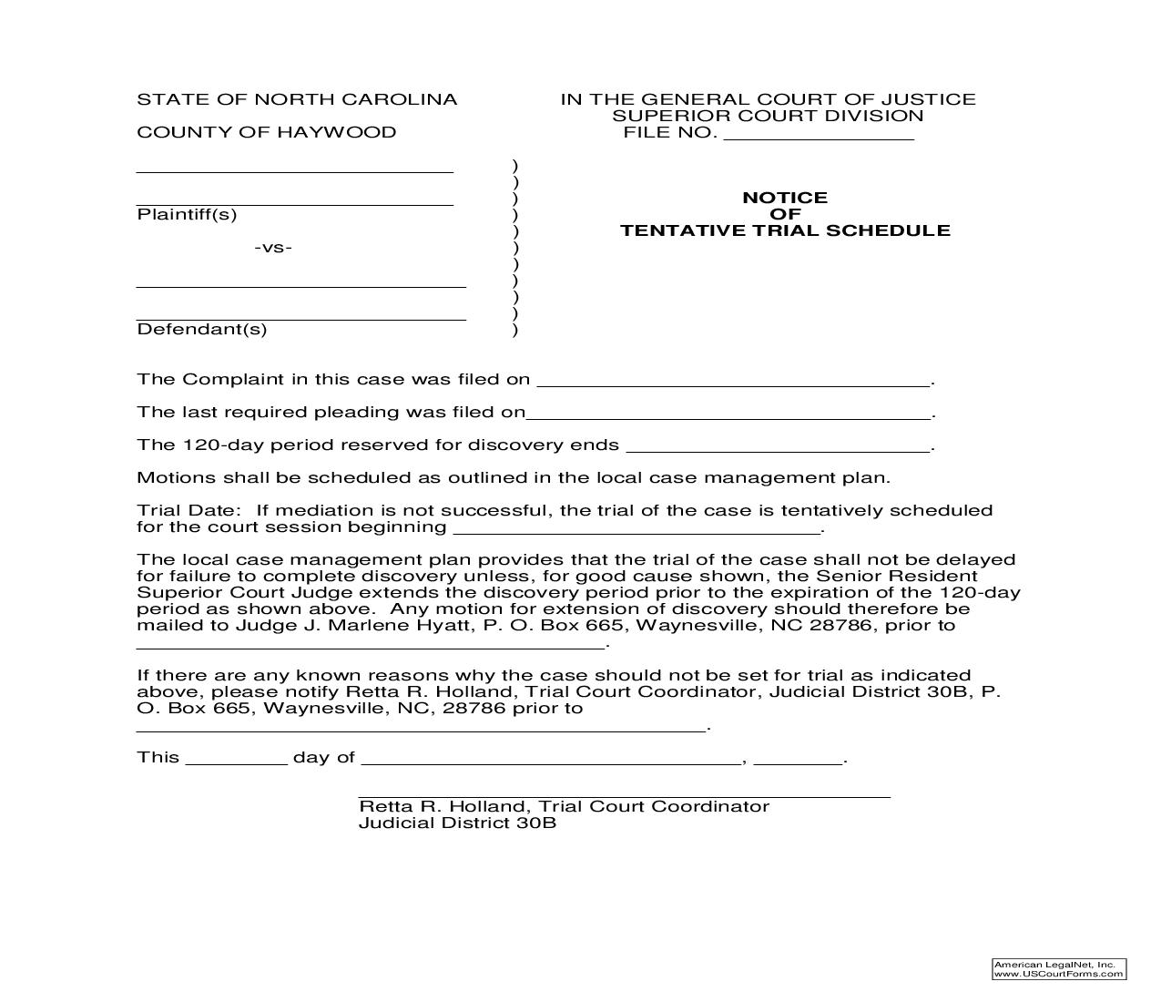 Notice Of Tentative Trial Schedule | Pdf Fpdf Doc Docx | North Carolina