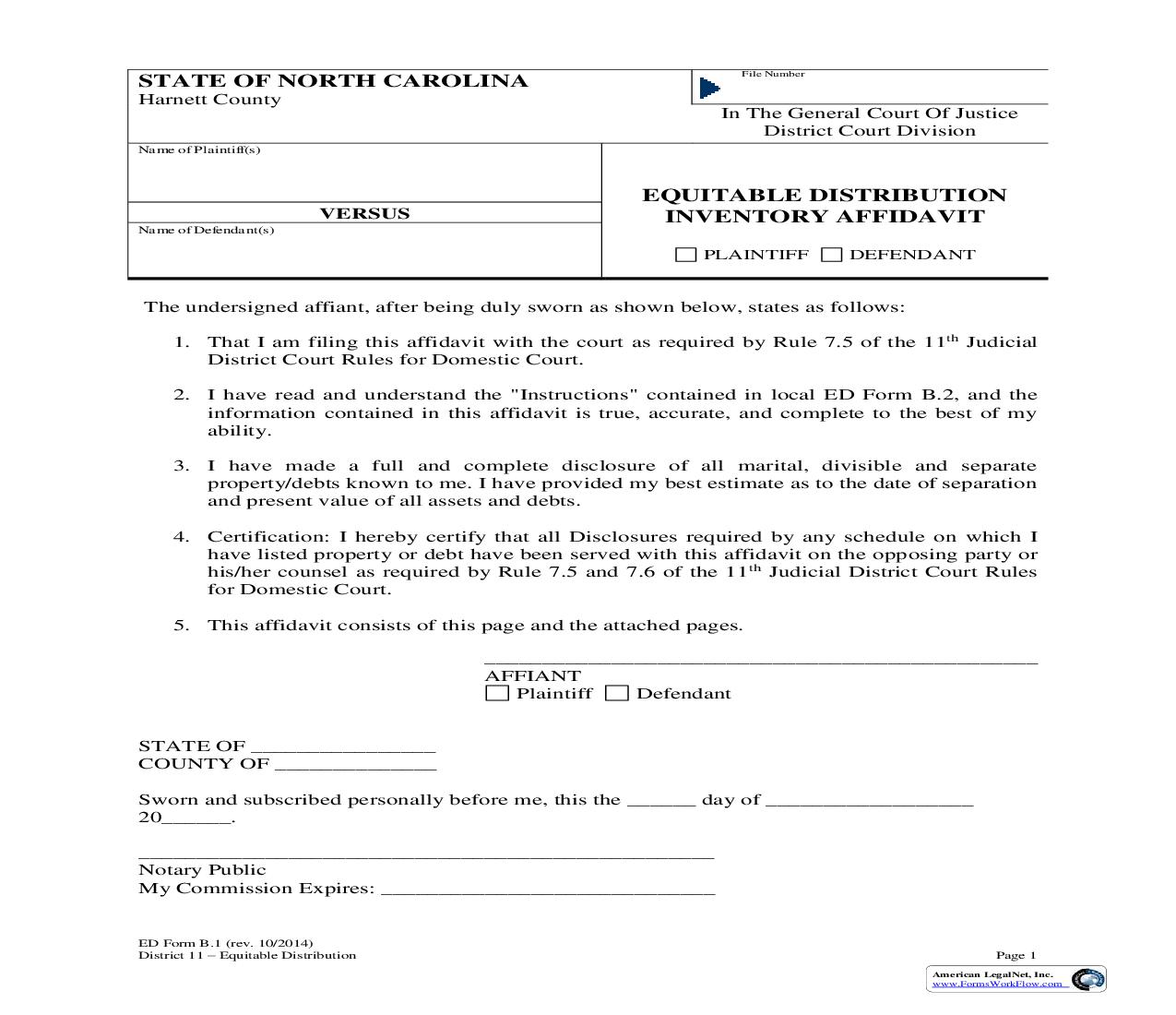 Equitable Distribution Inventory Affidavit {Form B.1} | Pdf Fpdf Doc Docx | North Carolina