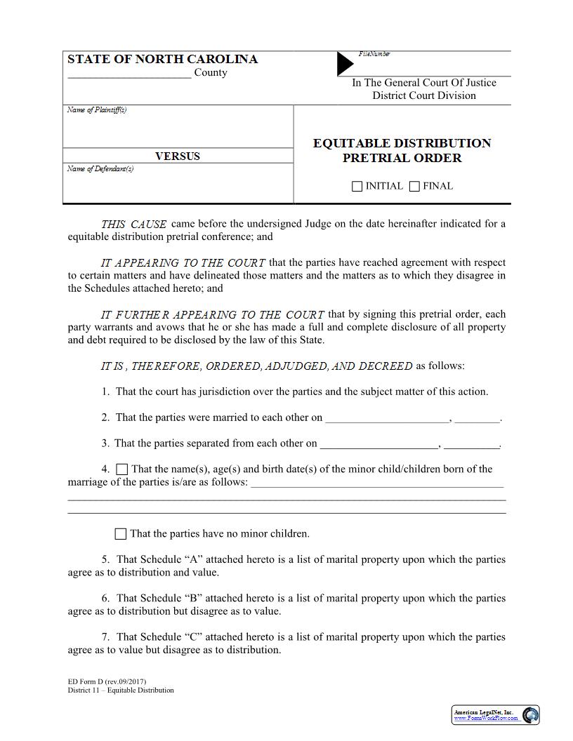 Equitable Distribution Pretrial Order {Form D} | Pdf Fpdf Docx | North Carolina