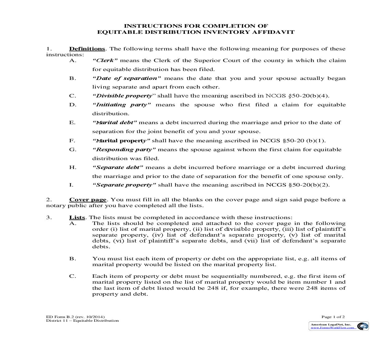 Instructions For Completion Of Equitable Distribution Inventory Affidavit {Form B.2} | Pdf Fpdf Doc Docx | North Carolina