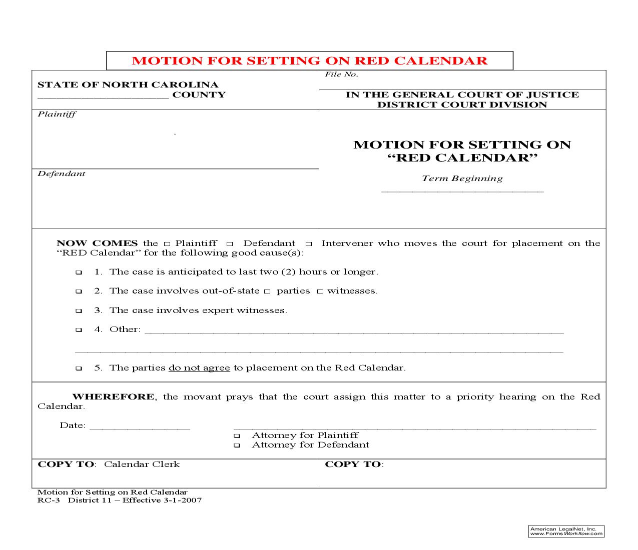 Motion For Setting On Red Calendar {RC-3} | Pdf Fpdf Doc Docx | North Carolina