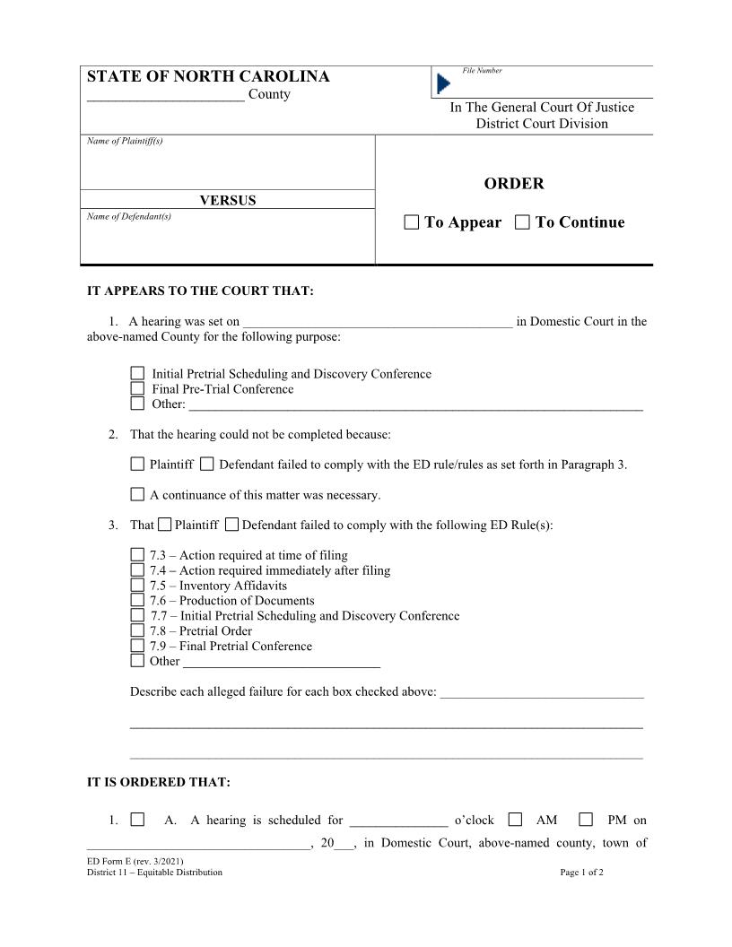 Order {Form E} | Pdf Fpdf Doc Docx | North Carolina