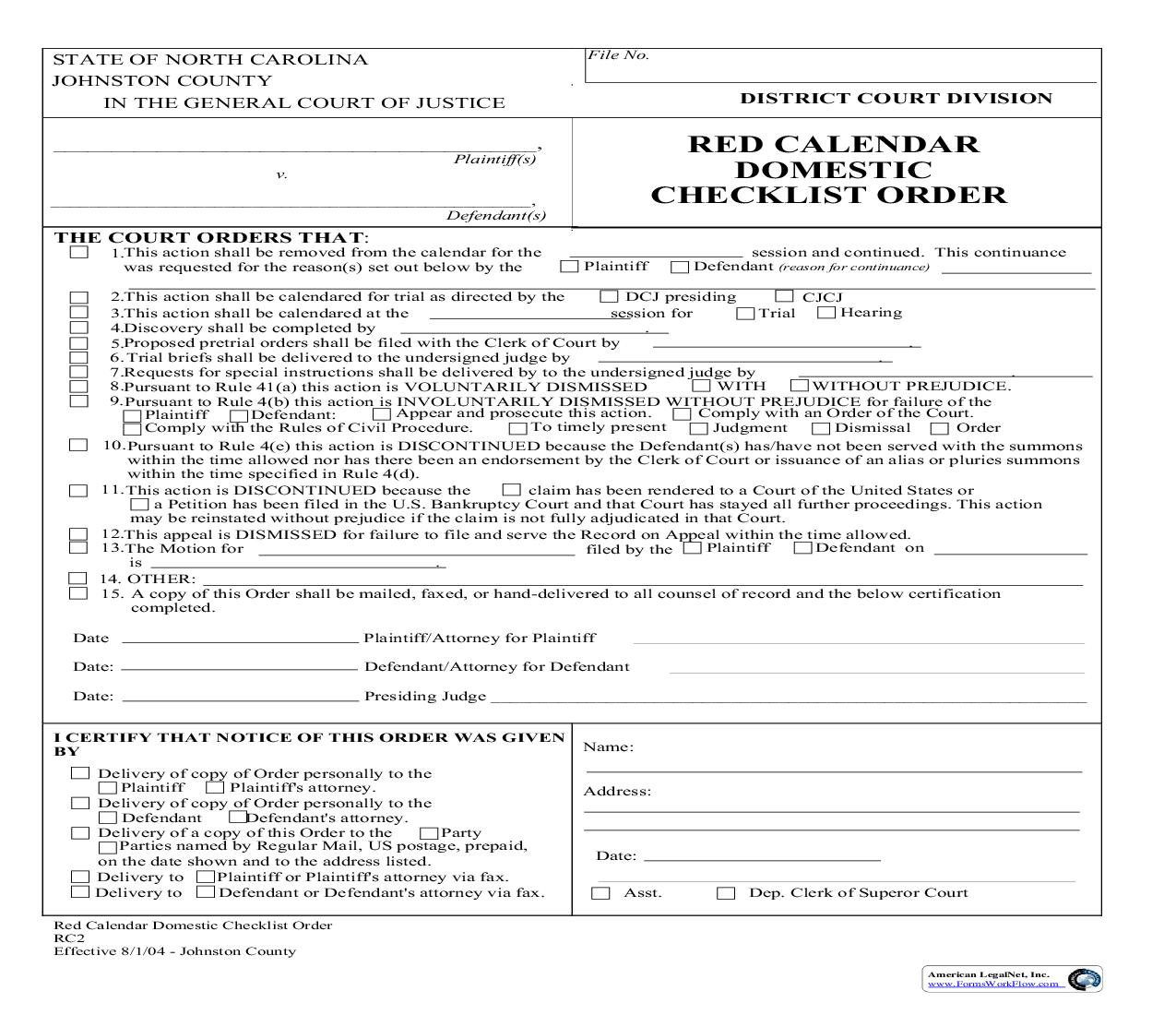 Red Calendar Domestic Checklist Order {RC-2} | Pdf Fpdf Doc Docx | North Carolina