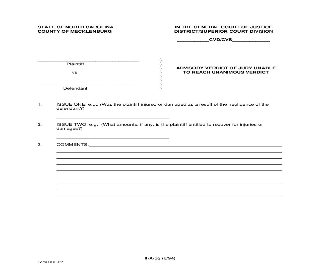 Advisory Verdict Of Jury Unable To Reach Unanimous Verdict {CCF-22} | Pdf Fpdf Doc Docx | North Carolina