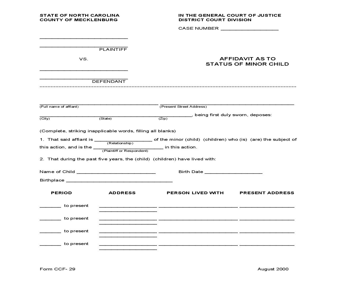 Affidavit As To Status Of Minor Child {CCF-29} | Pdf Fpdf Doc Docx | North Carolina