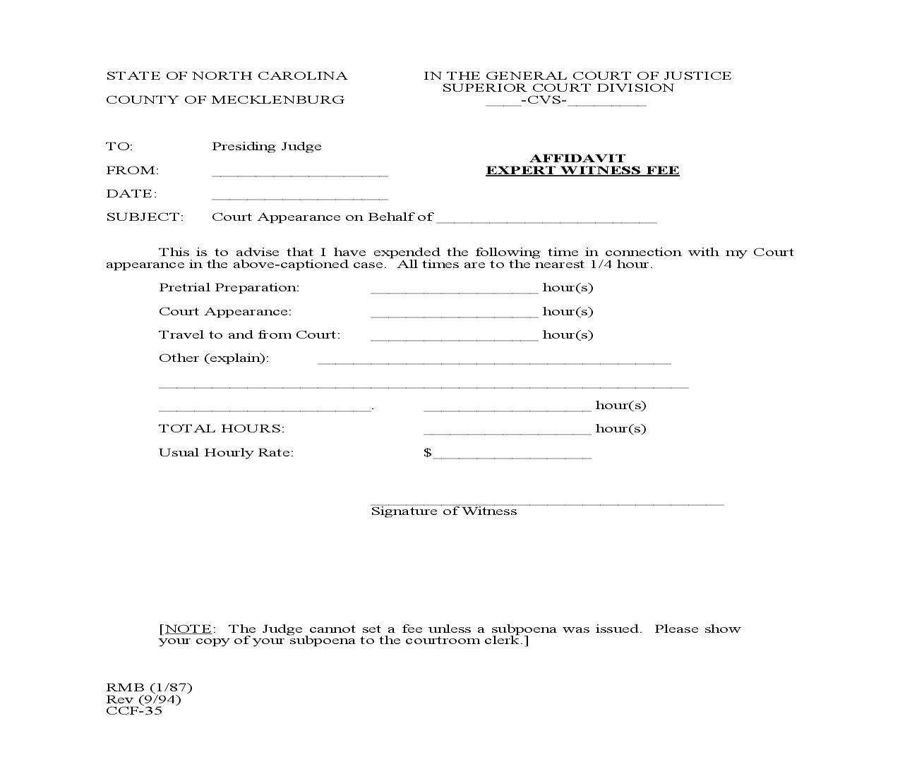Affidavit Expert Witness Fee {CCF-35} | Pdf Fpdf Doc Docx | North Carolina