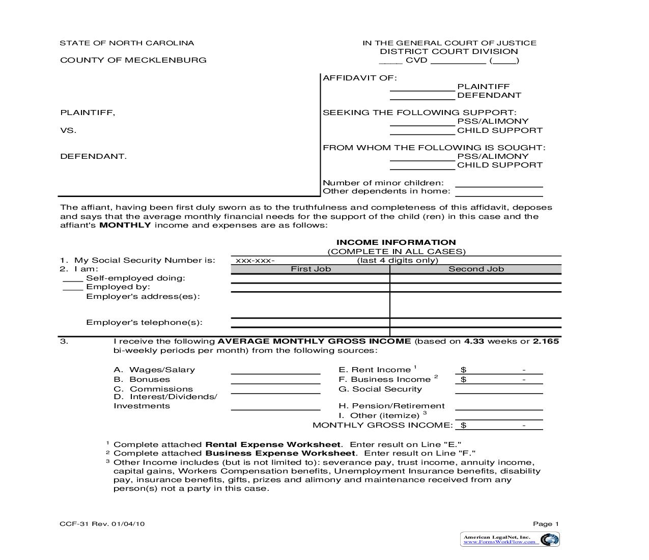 Affidavit For Support {CCF-31} | Pdf Fpdf Doc Docx | North Carolina