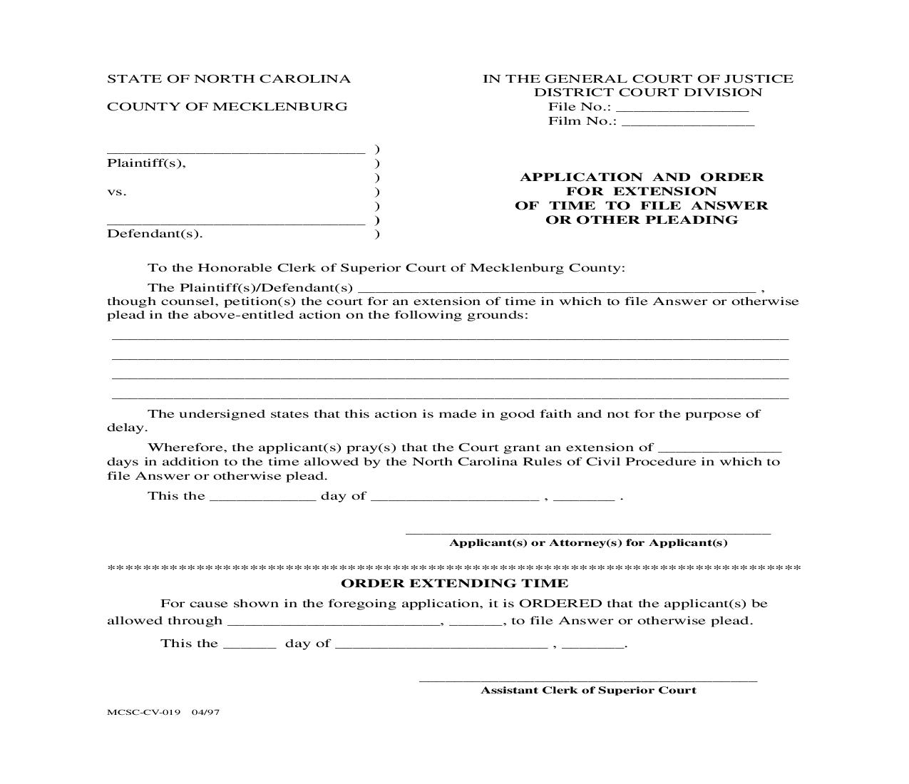 Application And Order For Extenstion Of Time To File Answer And Or Other Pleading {MCSC-CV-019} | Pdf Fpdf Doc Docx | North Carolina