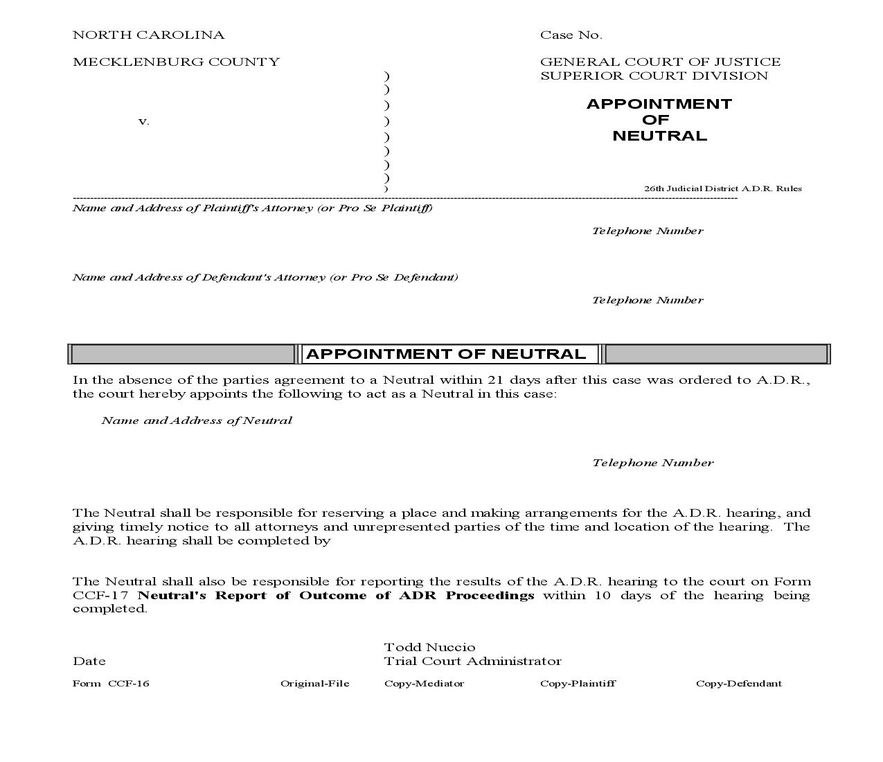 Appointment Of Neutral By Trial Court Administrator {CCF-16} | Pdf Fpdf Doc Docx | North Carolina