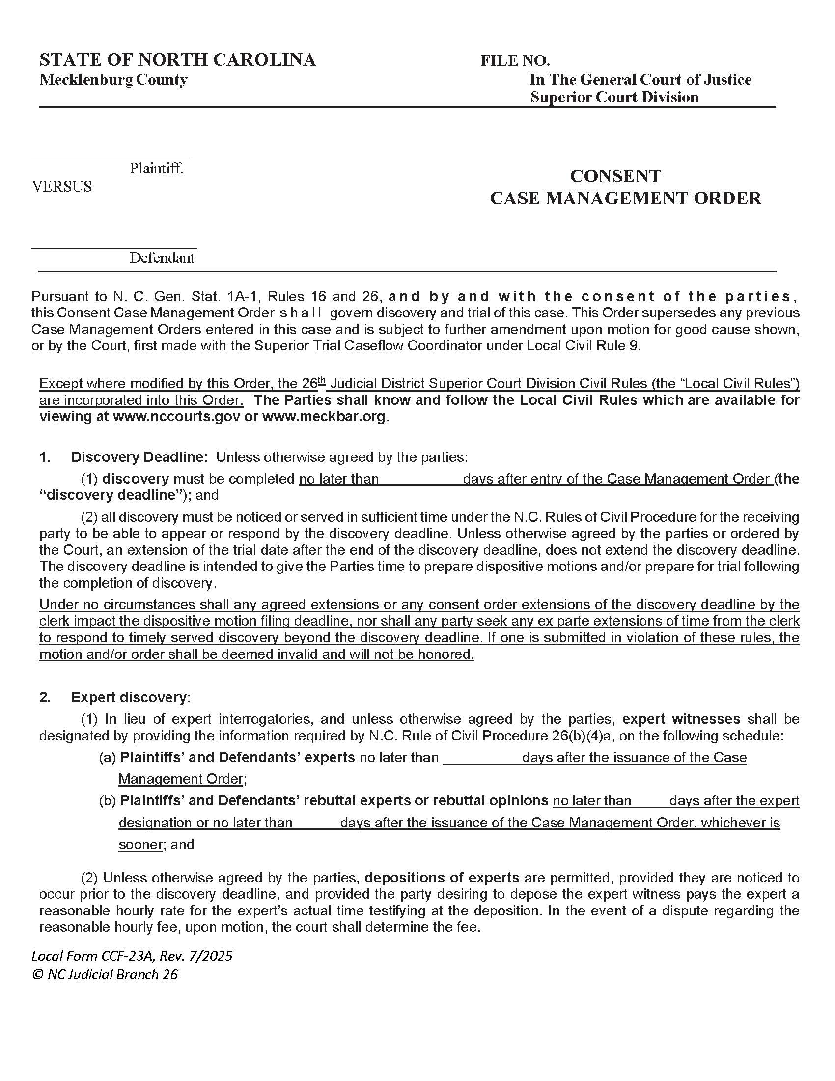 Consent Case Mangement Order {CCF 23A} | Pdf Fpdf Doc Docx | North Carolina