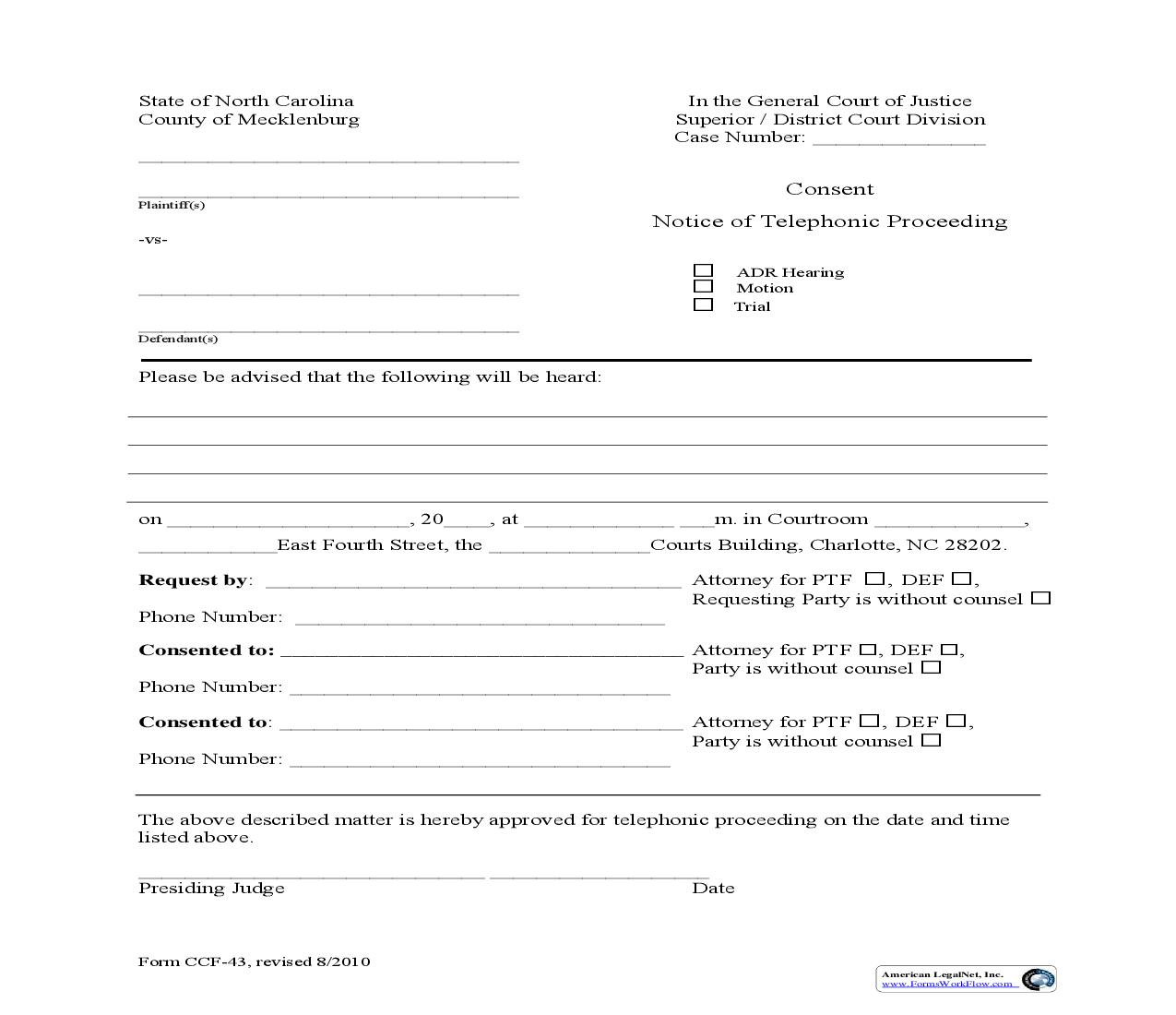 Consent Notice Of Telephonic Proceeding {CCF-43} | Pdf Fpdf Doc Docx | North Carolina
