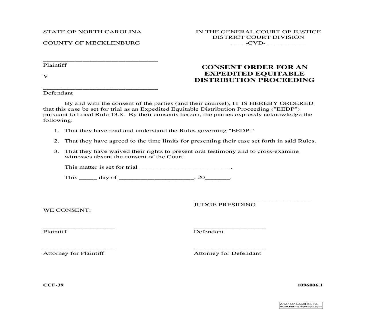 Consent Order For An Expedited Equitable Distribution Proceeding {CCF-39} | Pdf Fpdf Doc Docx | North Carolina