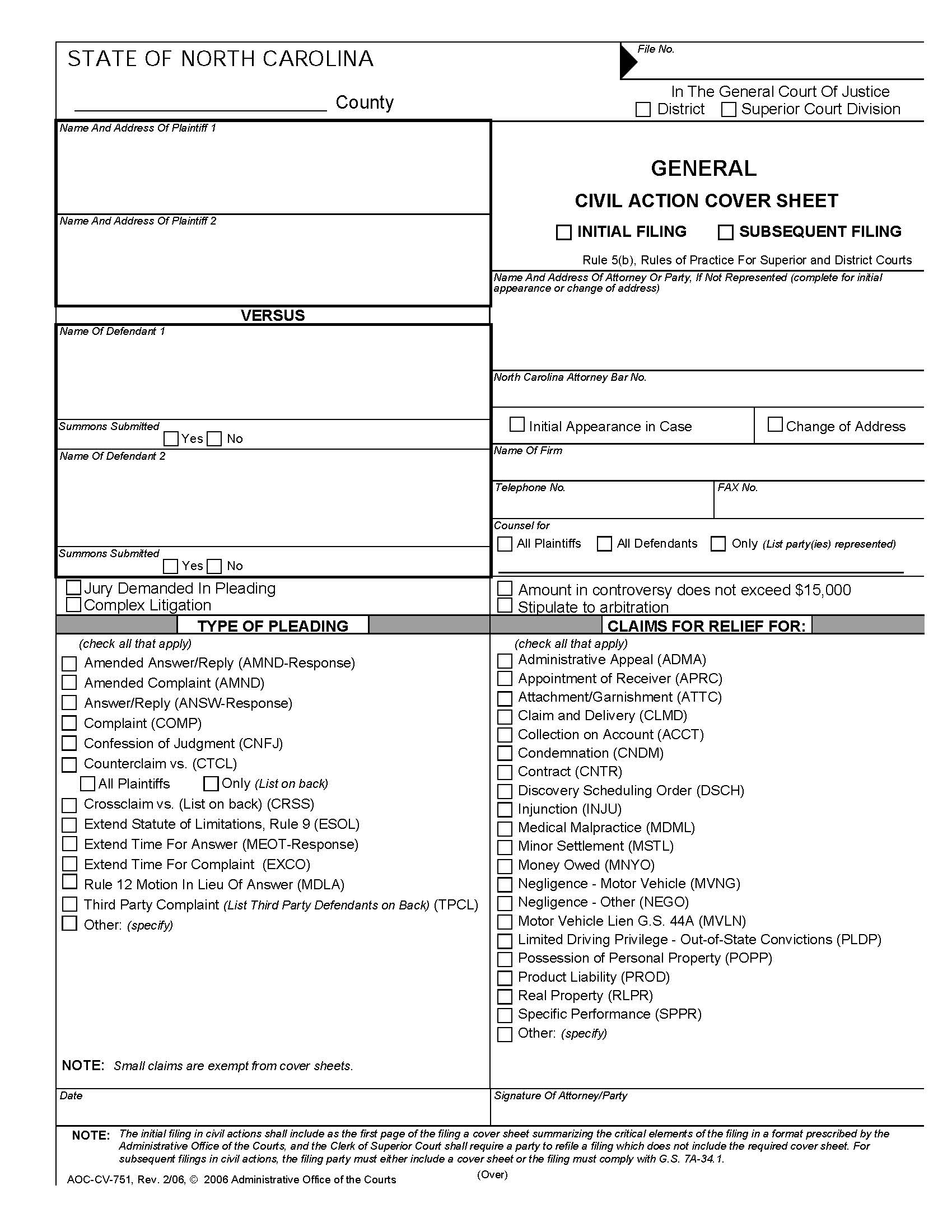General Civil Action Cover Sheet {CCF-01} | Pdf Fpdf Doc Docx | North Carolina