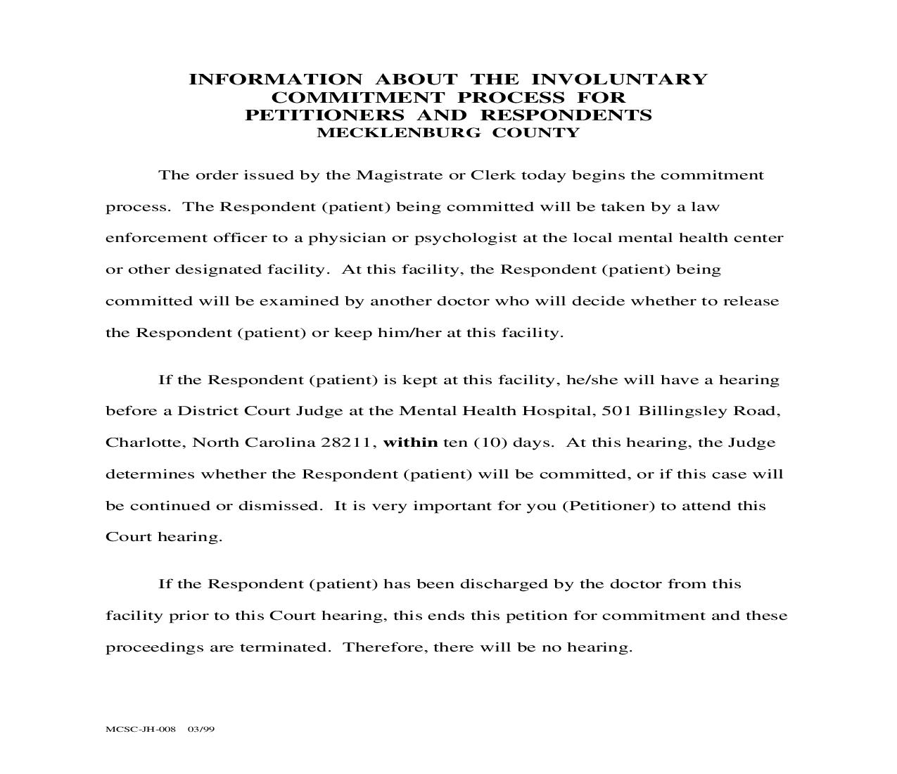Information About Involuntary Commitment Process {MCSC-JH-008} | Pdf Fpdf Doc Docx | North Carolina