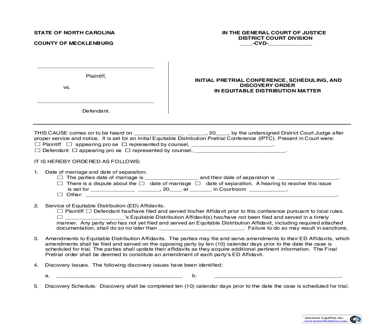 Initial Pretrial Conference Scheduling And Discovery Order In Equitable Distribution Matter {CCF-37} | Pdf Fpdf Doc Docx | North Carolina