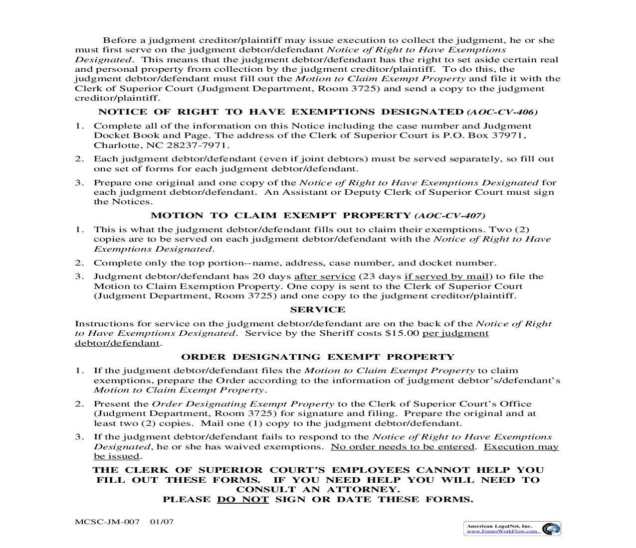 Instructions For Issue Execution To Collect Judgment {MCSC-JM-007} | Pdf Fpdf Doc Docx | North Carolina