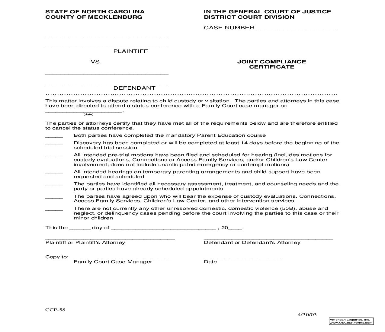 Joint Compliance Certificate {CCF-58} | Pdf Fpdf Doc Docx | North Carolina