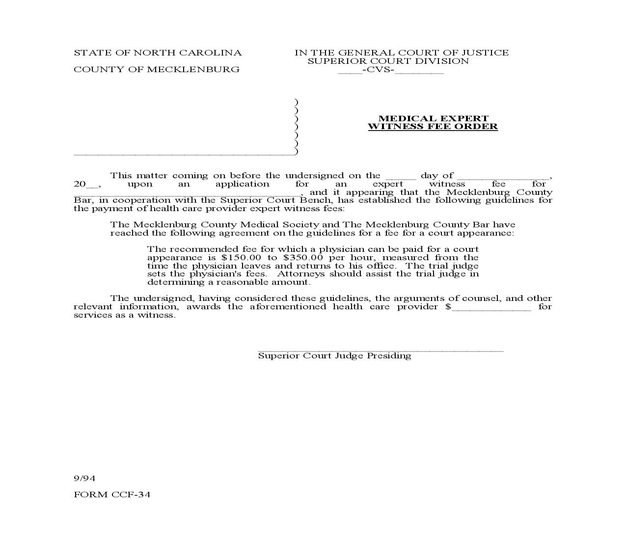 Medical Expert Witness Fee Order {CCF-34} | Pdf Fpdf Doc Docx | North Carolina