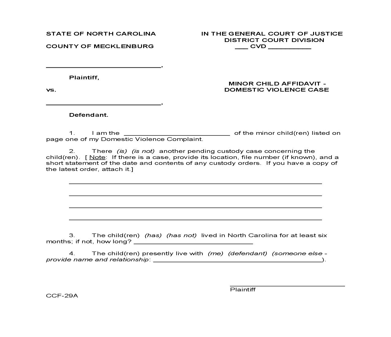 Minor Child Affidavit Domestic Violence Case {CCF-29A} | Pdf Fpdf Doc Docx | North Carolina