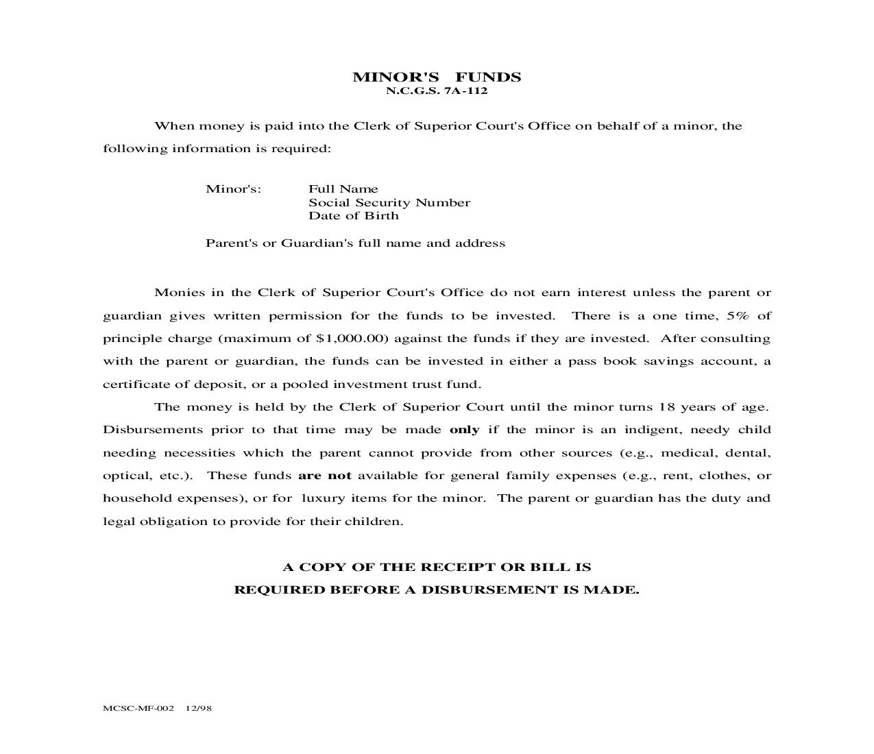 Minors Funds {MCSC-MF-002} | Pdf Fpdf Doc Docx | North Carolina