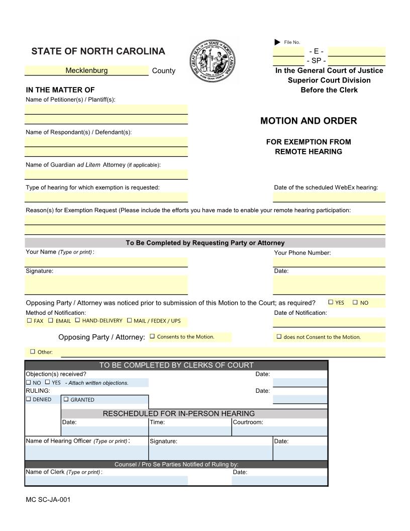 Motion And Order For Exemption From Remote Hearing {MC SC-JA-001} | Pdf Fpdf Docx | North Carolina