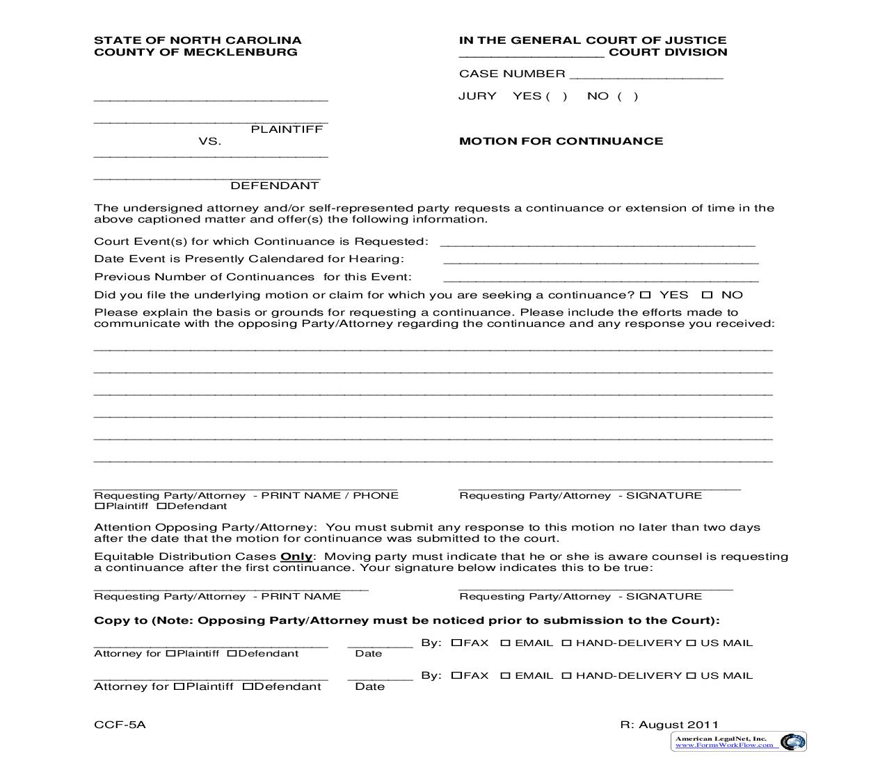 Motion For Continuance {CCF-5A} | Pdf Fpdf Doc Docx | North Carolina