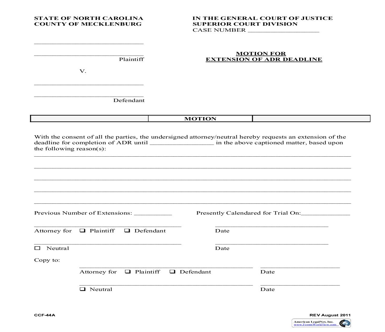 Motion For Extension Of ADR Deadline {CCF-44A} | Pdf Fpdf Doc Docx | North Carolina
