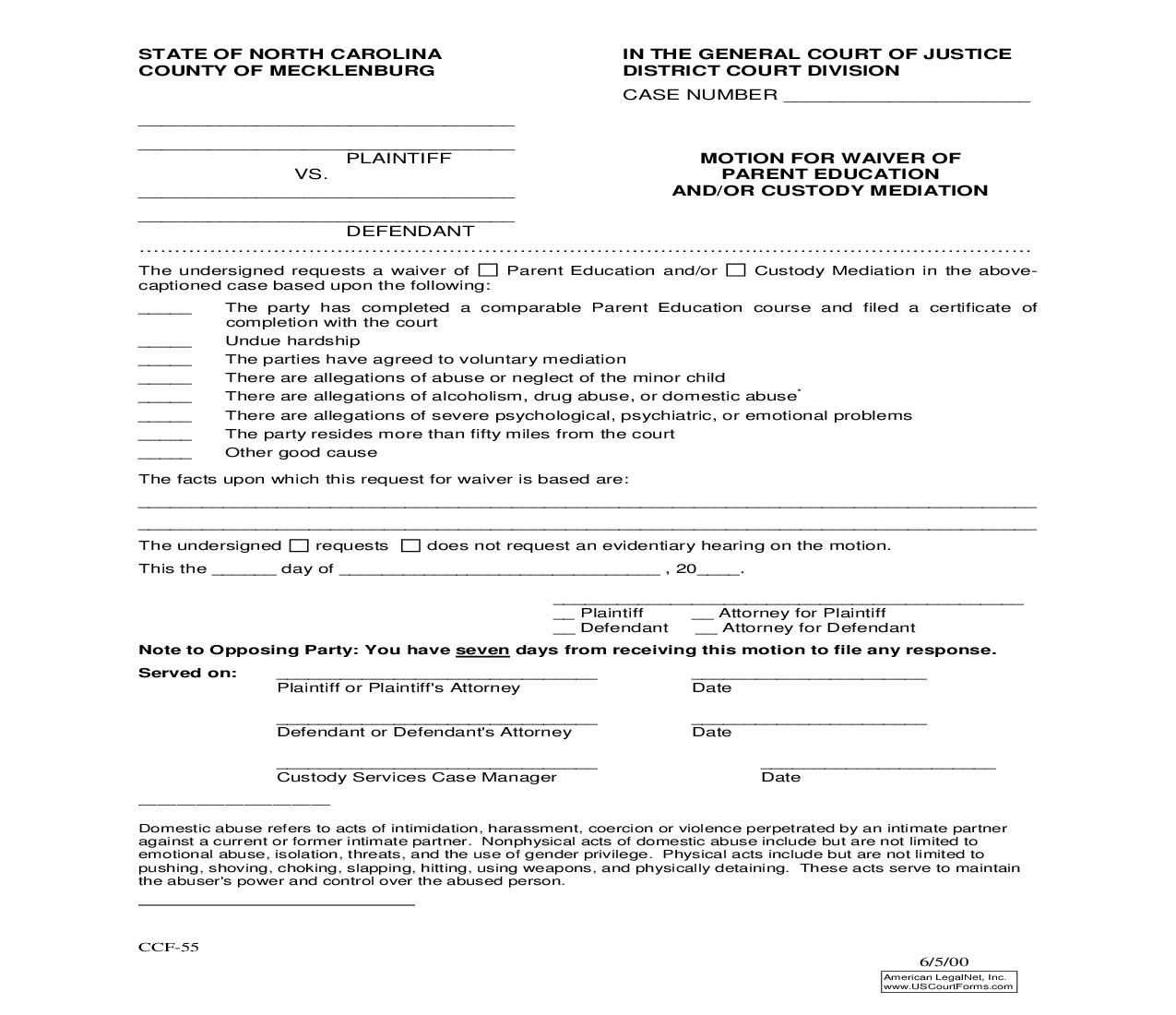 Motion For Waiver Of Parent Education And Or Custody Mediation {CCF-55} | Pdf Fpdf Doc Docx | North Carolina