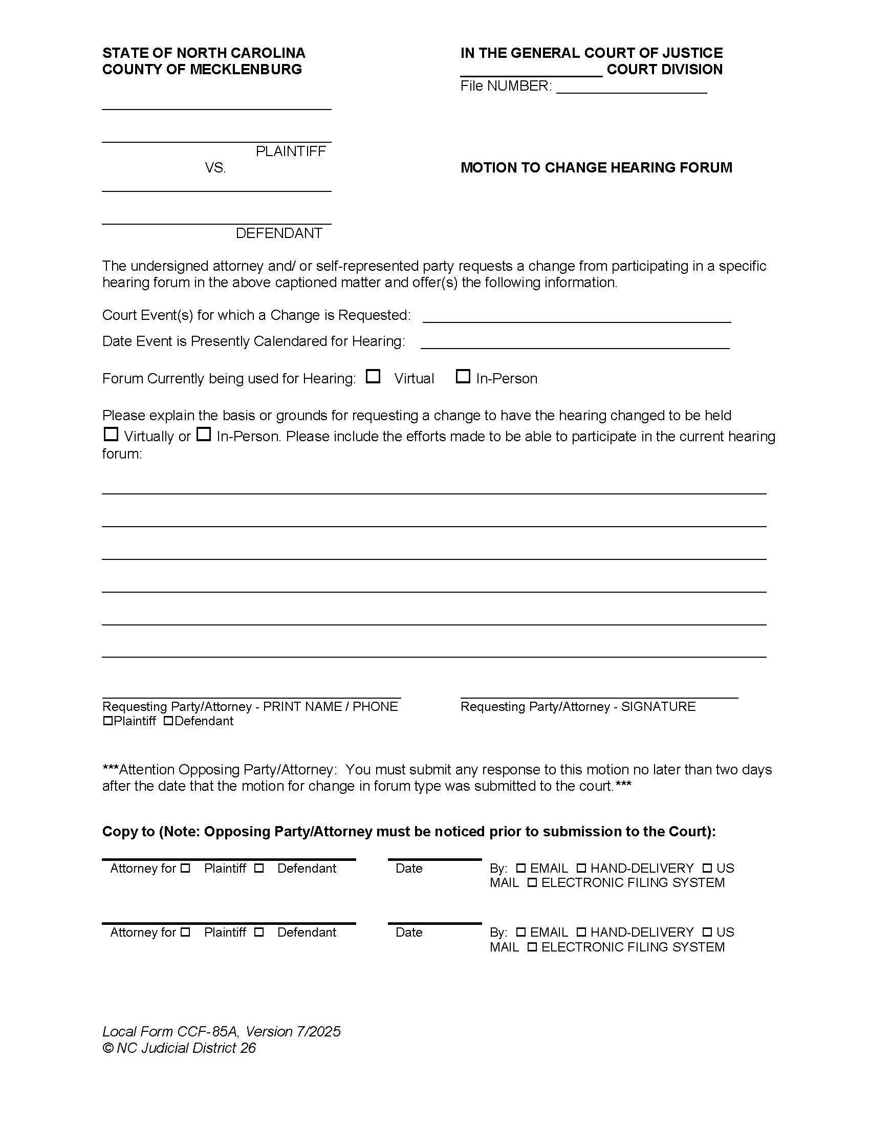 Motion To Change Hearing Forum {CCF-85A} | Pdf Fpdf Docx | North Carolina