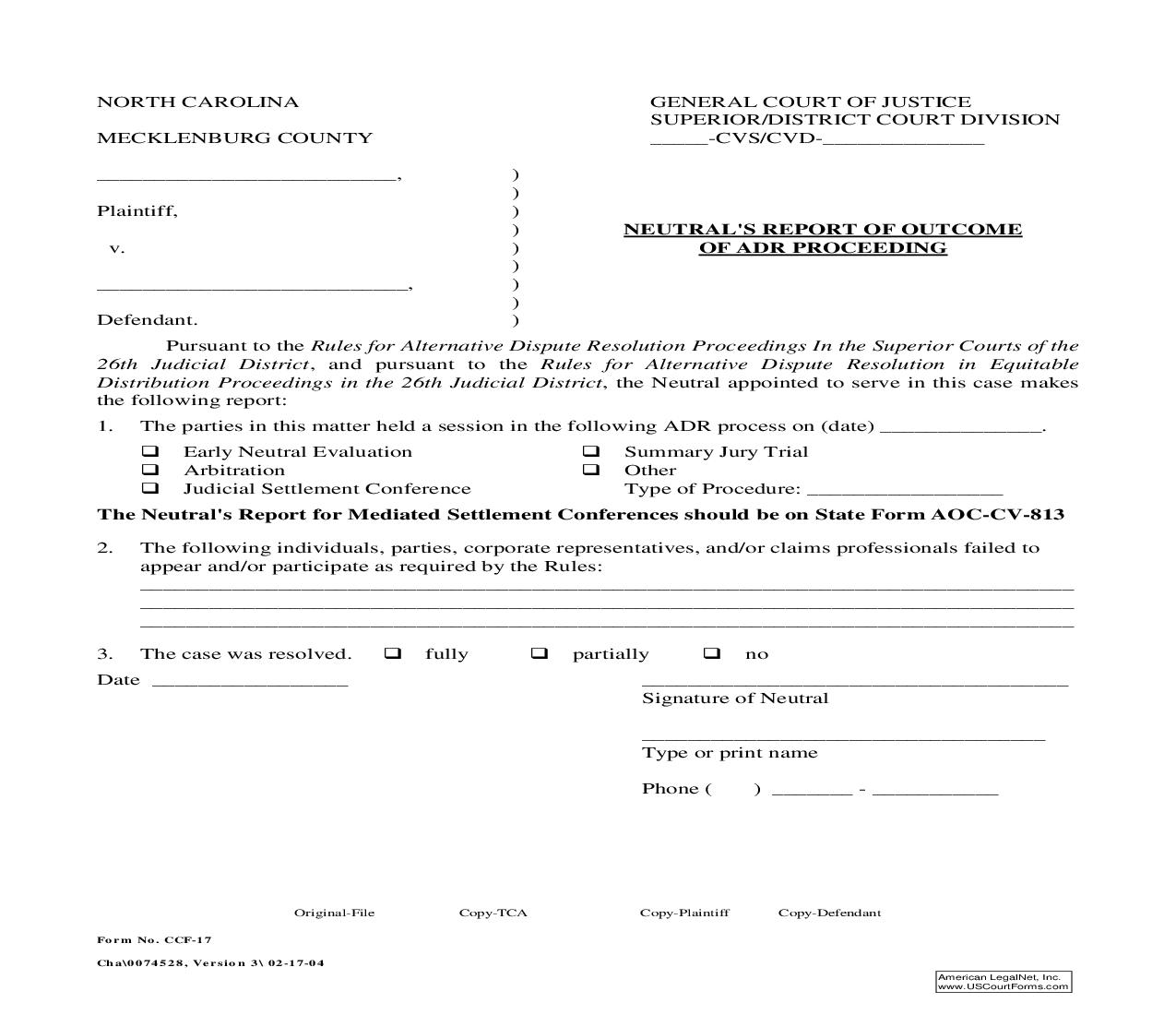 Neutrals Report Of Outcome Of ADR Proceeding {CCF-17} | Pdf Fpdf Doc Docx | North Carolina