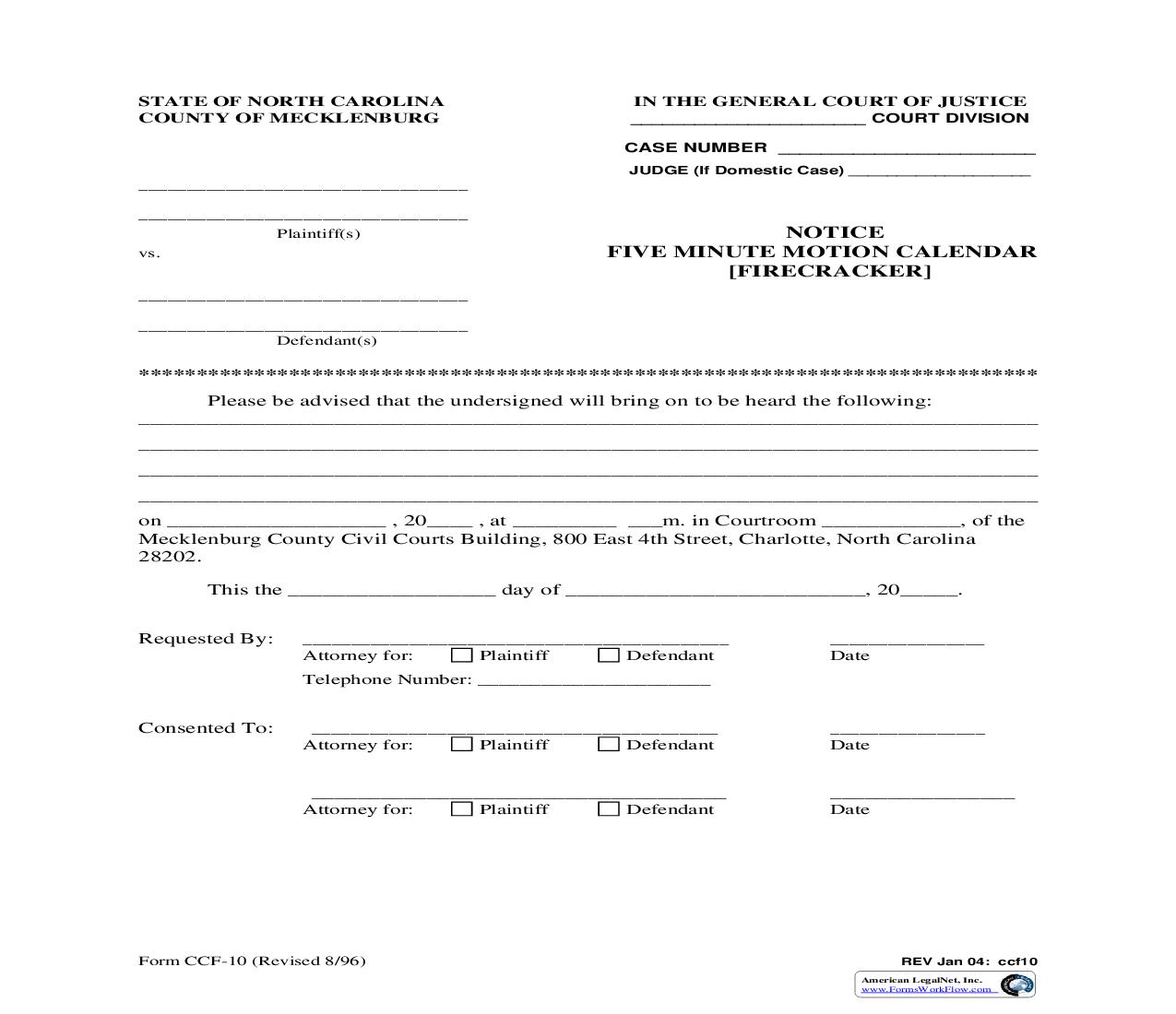 Notice Five Minute Motion Calendar Firecracker {CCF-10} | Pdf Fpdf Doc Docx | North Carolina