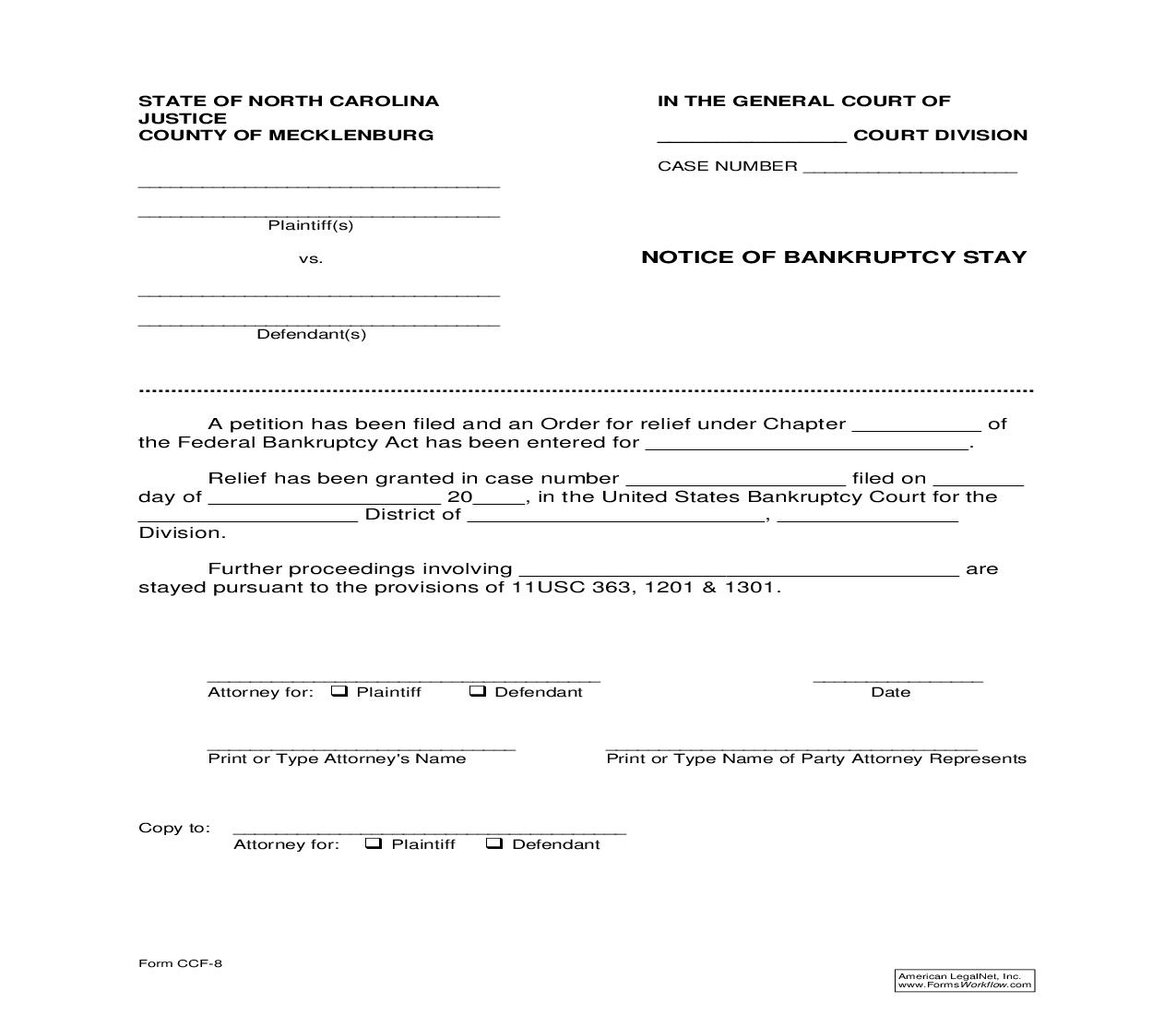 Notice Of Bankruptcy Stay {CCF-8} | Pdf Fpdf Doc Docx | North Carolina