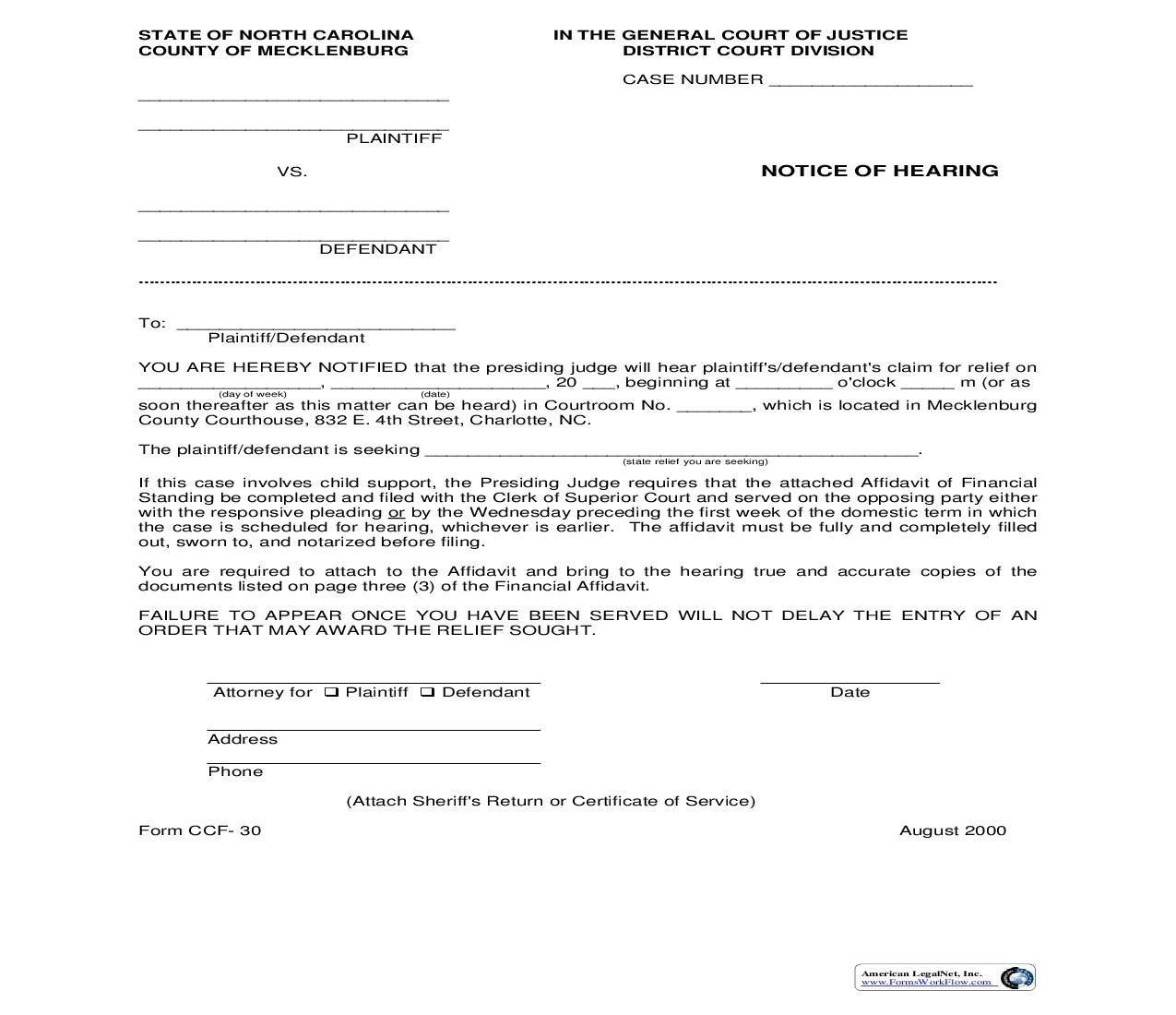 Notice Of Hearing {CCF-30} | Pdf Fpdf Doc Docx | North Carolina