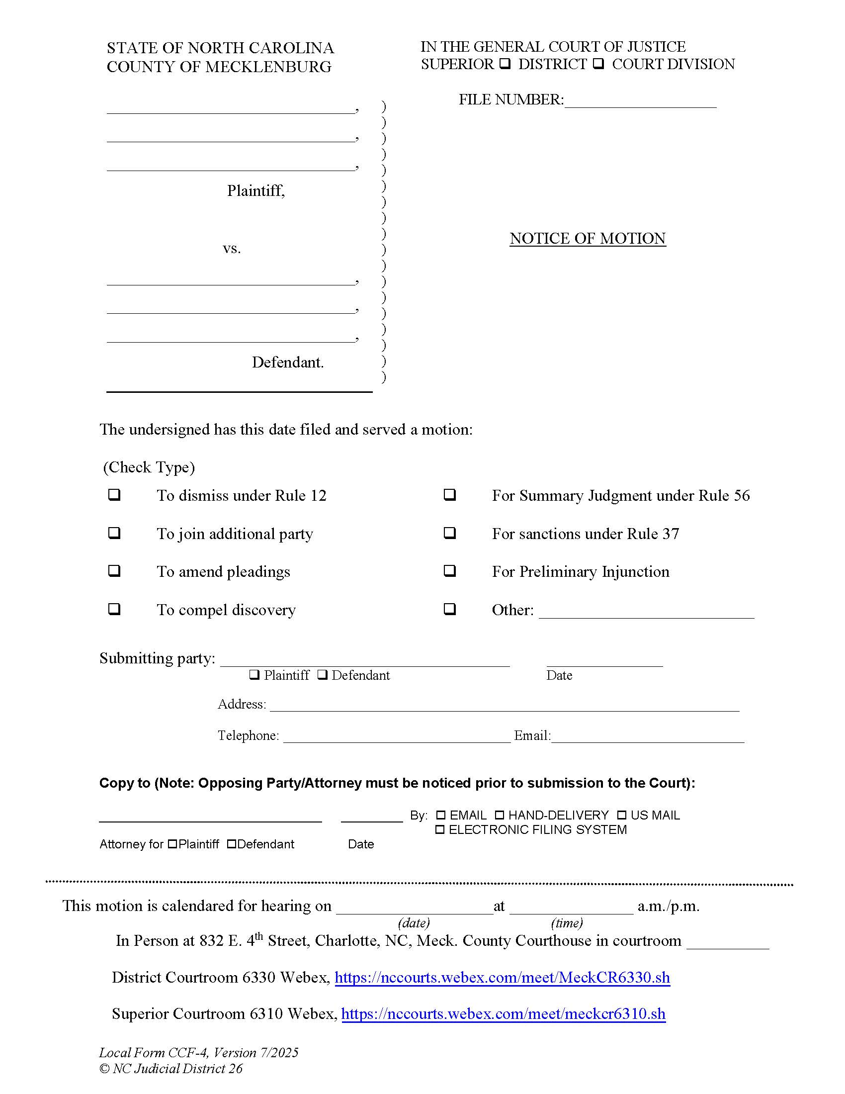 Notice Of Motion {CCF-4} | Pdf Fpdf Doc Docx | North Carolina