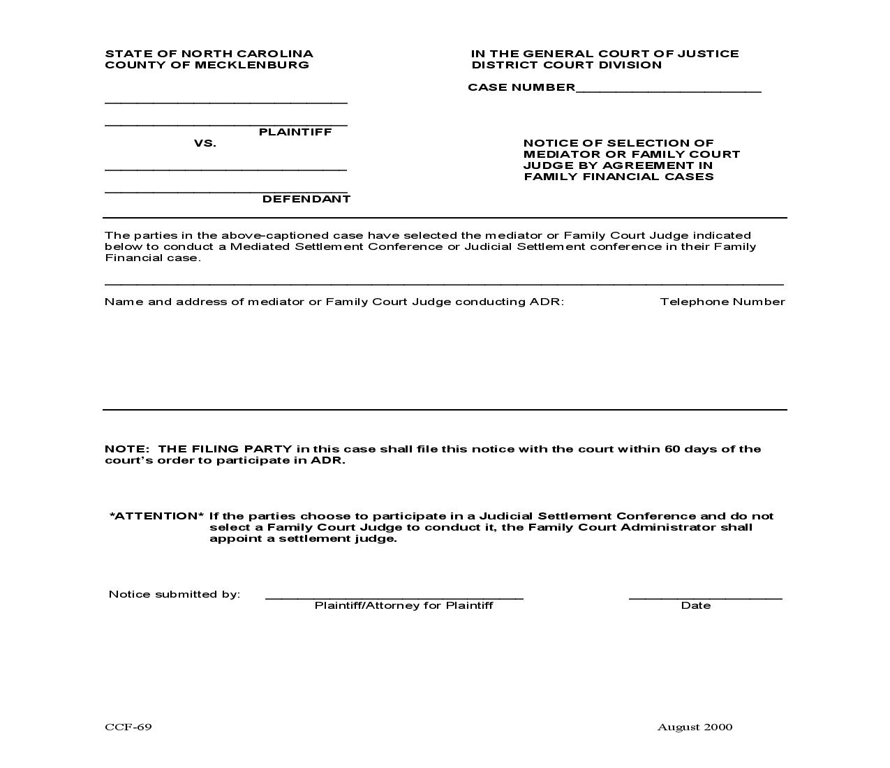 Notice Of Selection Of Mediator Or Family Court Judge By Agreement In Family Financial Cases {CCF-69} | Pdf Fpdf Doc Docx | North Carolina