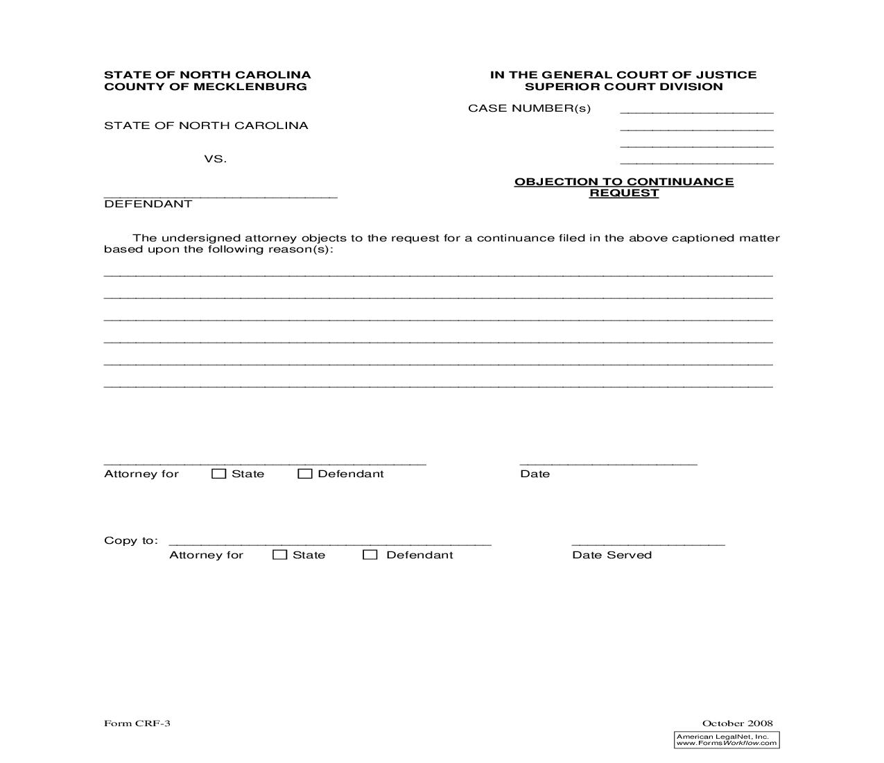 Objection To Continuance Request {CRF-3} | Pdf Fpdf Doc Docx | North Carolina