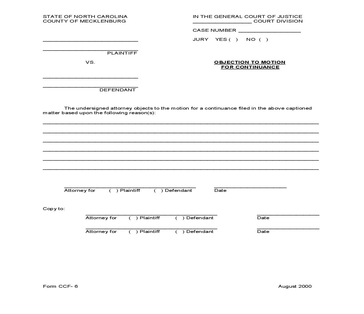 Objection To Motion For Continuance {CCF-6} | Pdf Fpdf Doc Docx | North Carolina
