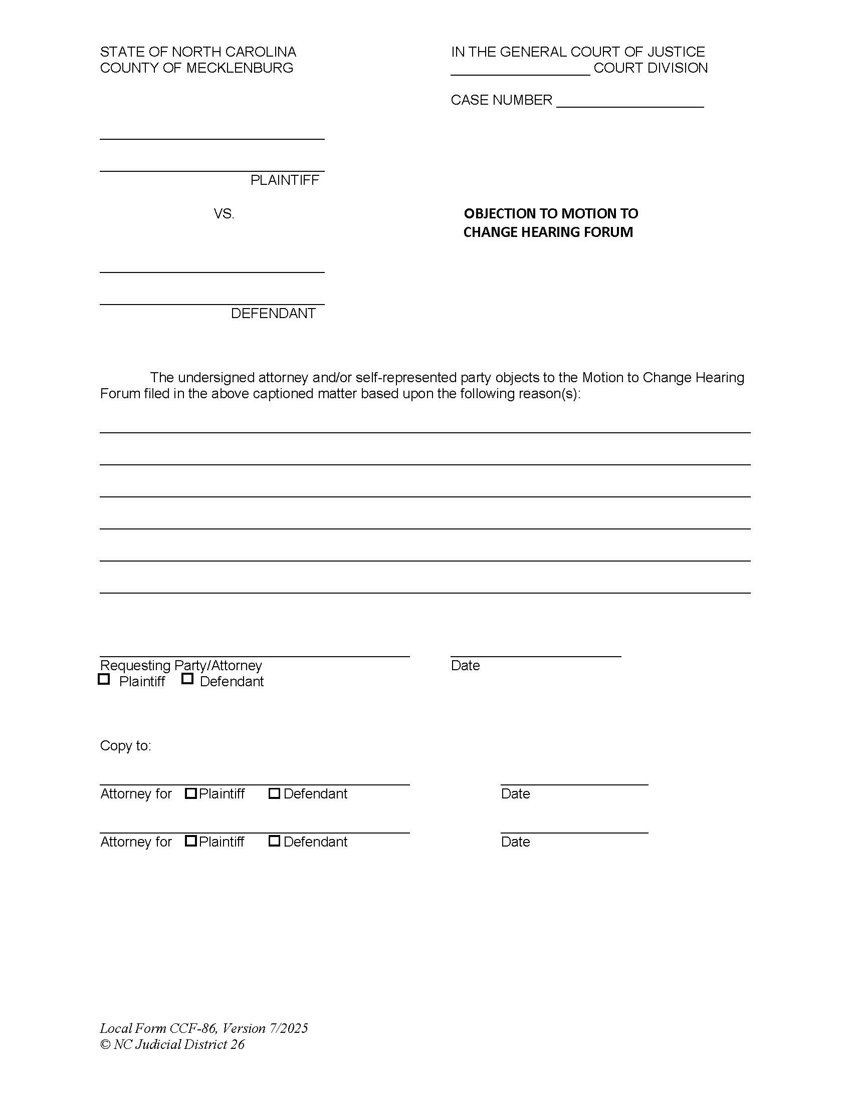 Objection To Motion To Change Hearing Forum {CCF-86} | Pdf Fpdf Docx | North Carolina