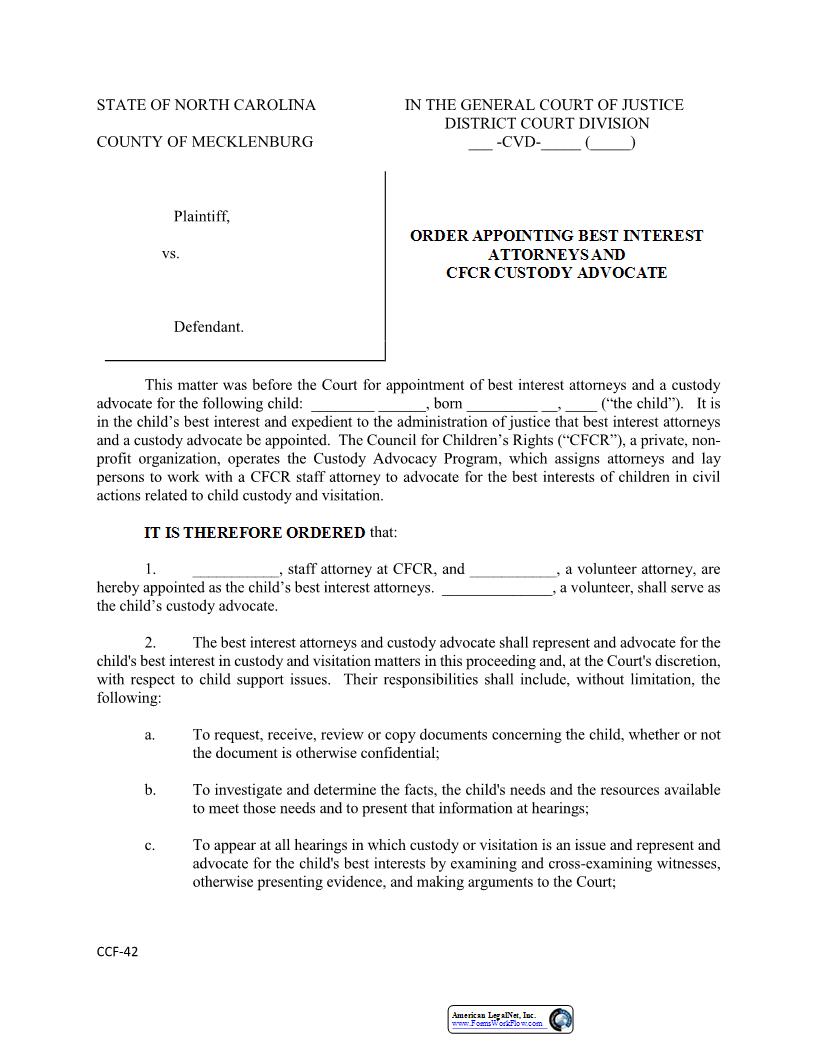 Order Appointing Best Interest Attorneys And CFCR Custody Advocate {CCF-42} | Pdf Fpdf Docx | North Carolina
